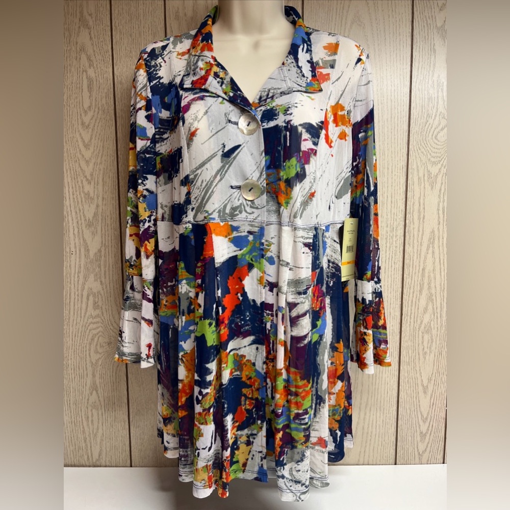 Multiples Paint Abstract Print Flowy Dress Shirt NWT MISSY ISTANBUL Sz Small